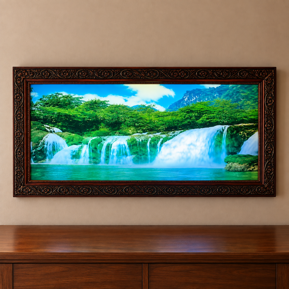 Vintage-Style Moving Waterfall Picture – Mirrored Crane Scene