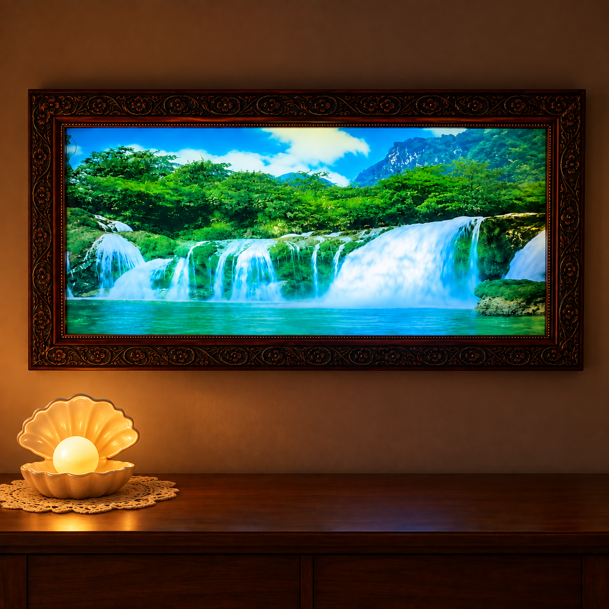 Vintage-Style Moving Waterfall Picture – Mirrored Crane Scene