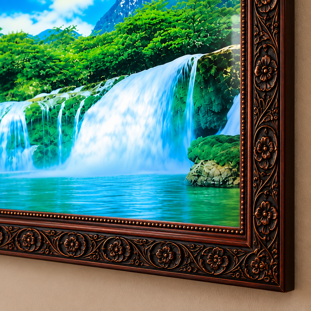 Vintage-Style Moving Waterfall Picture – Mirrored Crane Scene