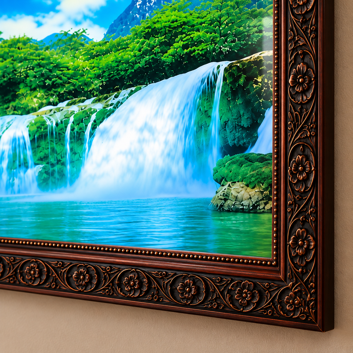 Vintage-Style Moving Waterfall Picture – Mirrored Crane Scene