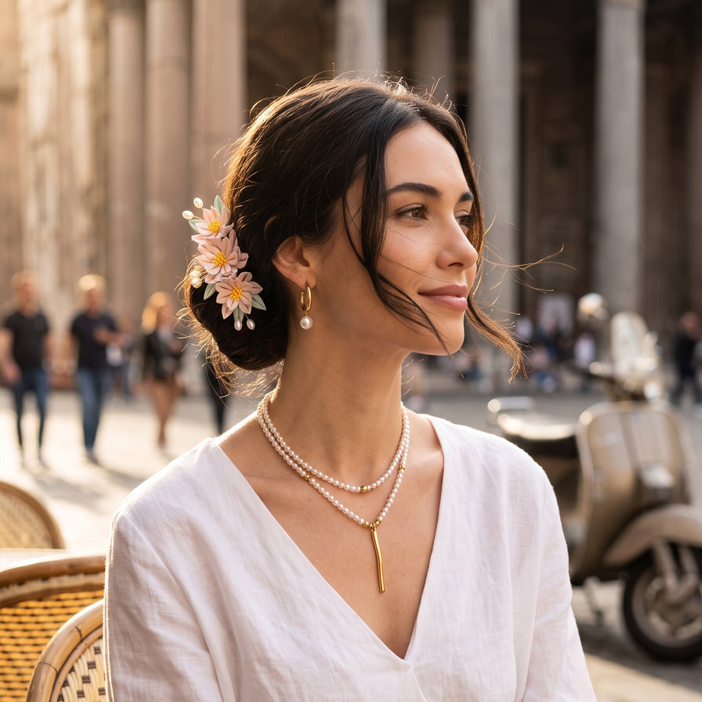 Handcrafted Floral Hair Pin with Pearls, Vintage-Inspired Hair Accessory