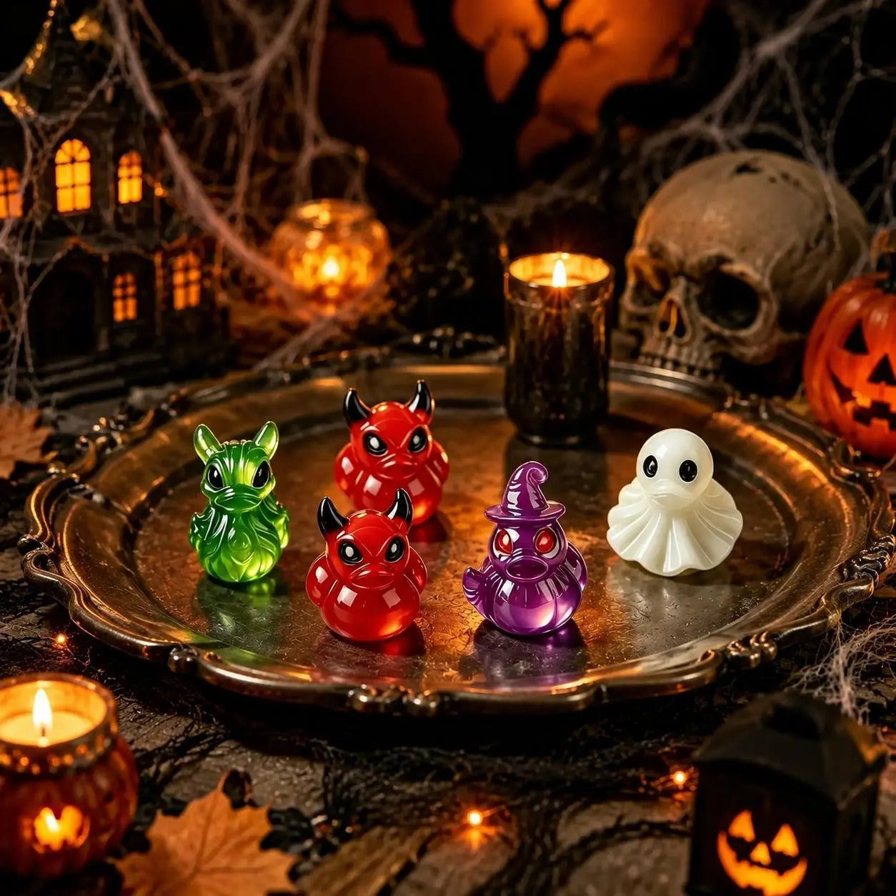 👻🎃ELMPORCH™ Glow-In-The-Dark Mini Halloween Duck（Devil, Ghost, and Skeleton Designs), Cute Resin Figurine, Spooky Duck Statue, Haunting Desk Decor, Miniature Garden Ornament for Halloween Party Favors