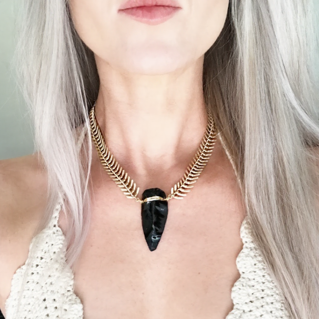 Obsidian Arrowhead Snake Chain Statement Necklace