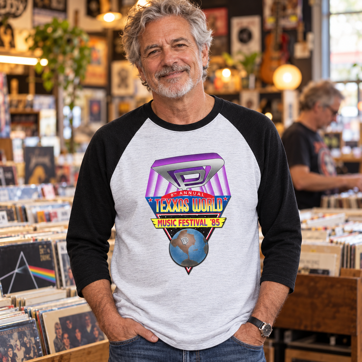 1985 Texxas Jam Retro Raglan Shirt — Cotton Bowl, Dallas — illustrative wearing view