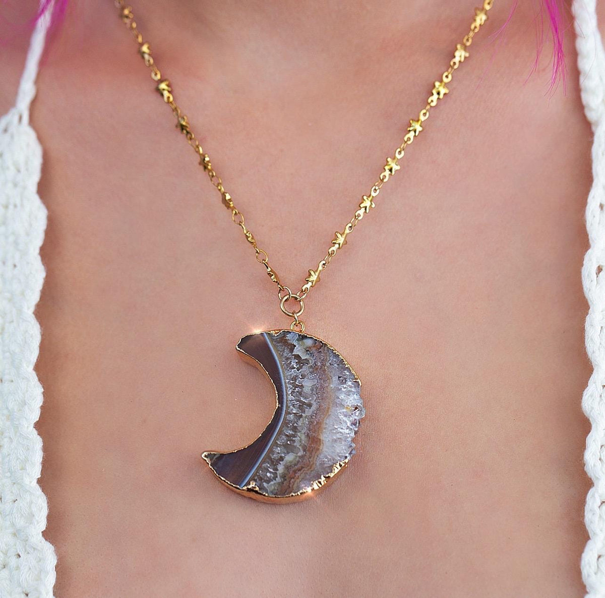 Amethyst Stalactite Moon Pendant on Star Link Chain in Gold or Silver