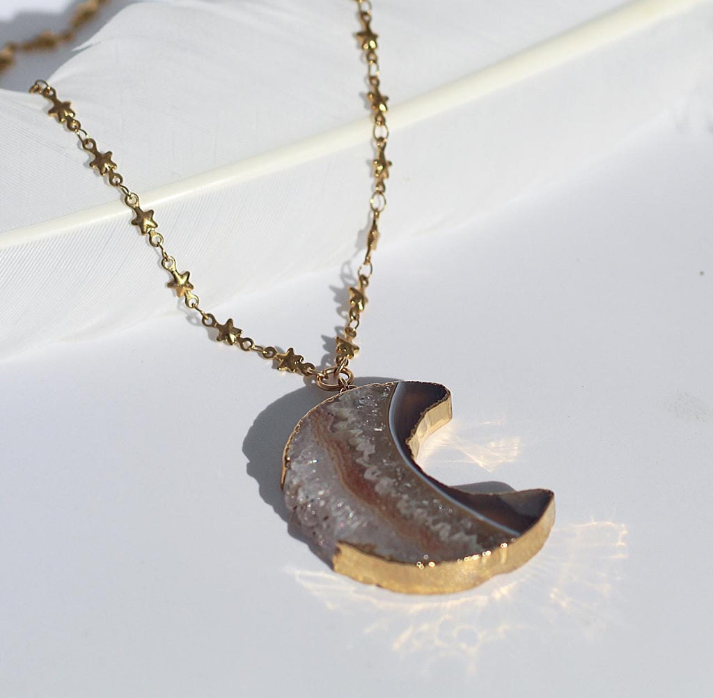 Amethyst Stalactite Moon Pendant on Star Link Chain in Gold or Silver