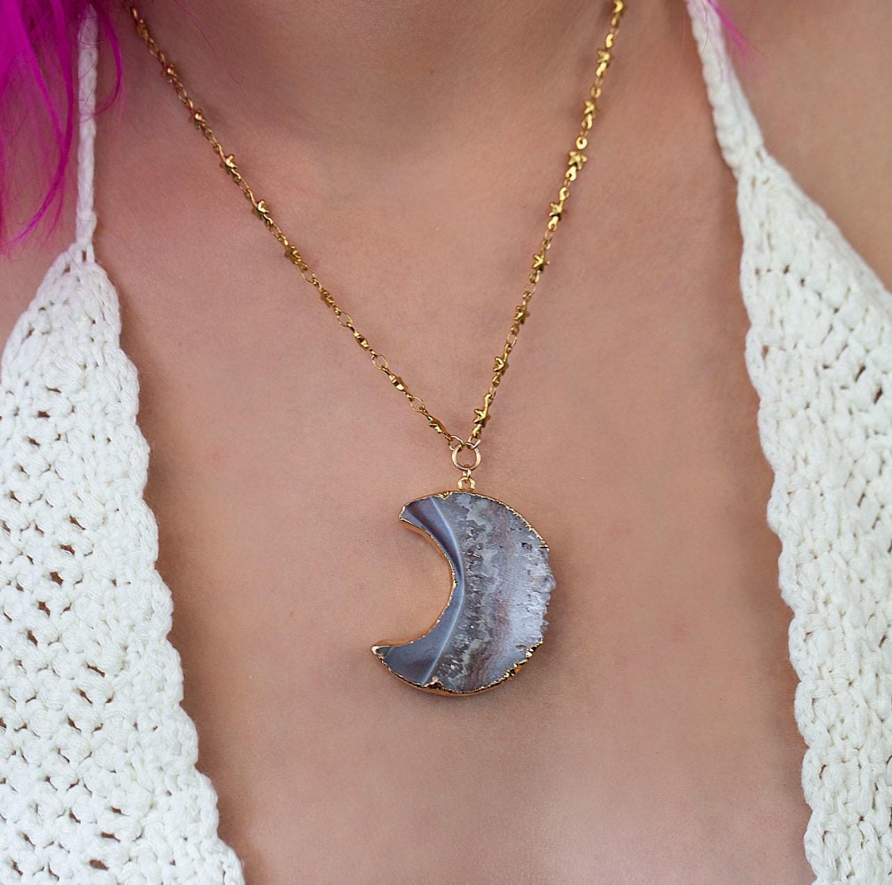 Amethyst Stalactite Moon Pendant on Star Link Chain in Gold or Silver