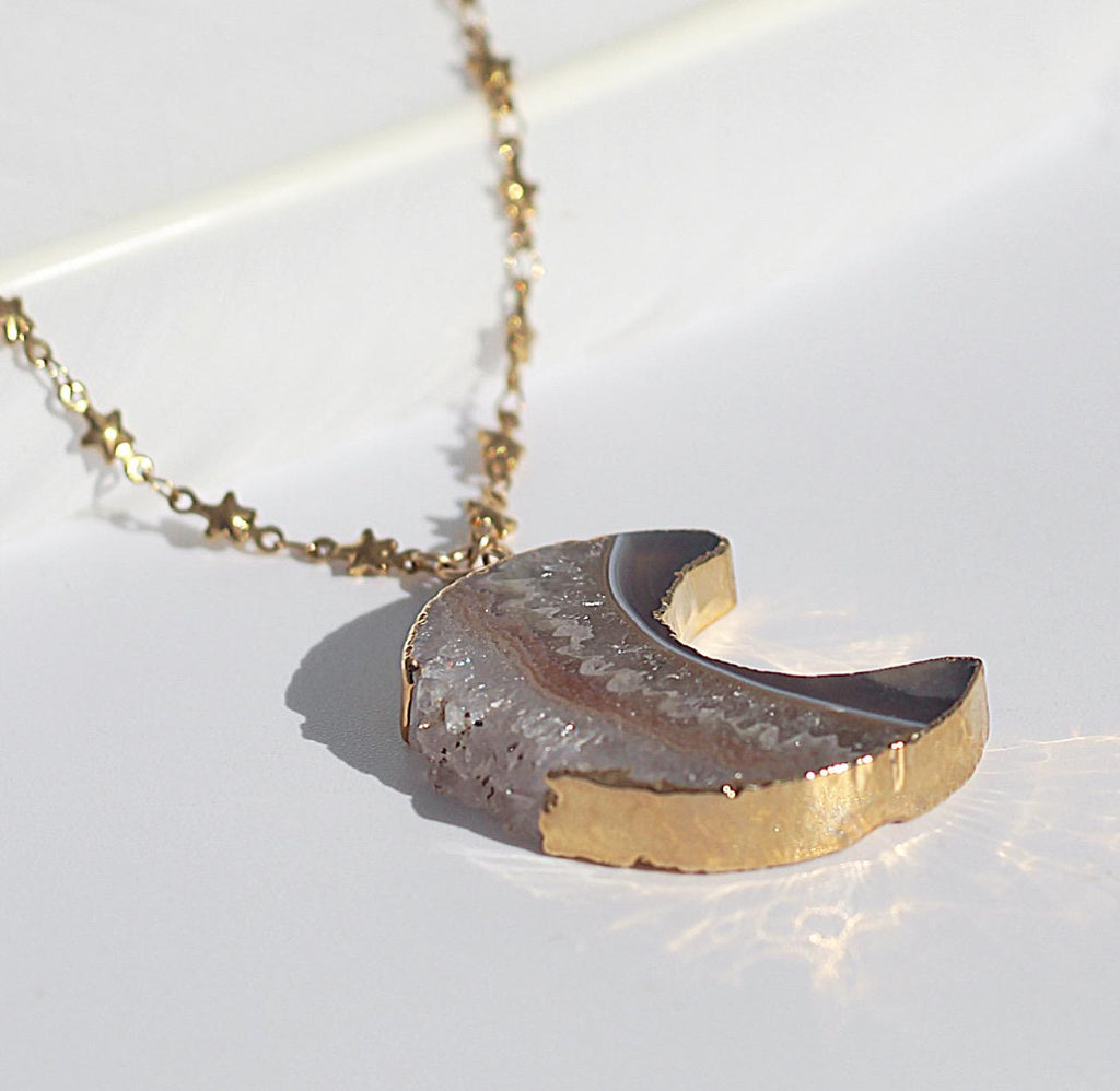 Amethyst Stalactite Moon Pendant on Star Link Chain in Gold or Silver