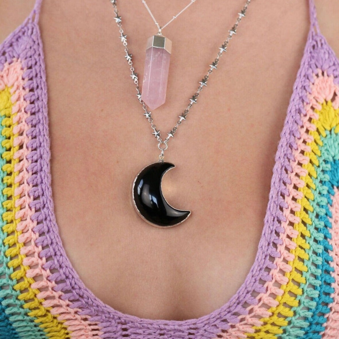 Black Onyx Big Moon Pendant on Star Link Chain in Gold or Silver