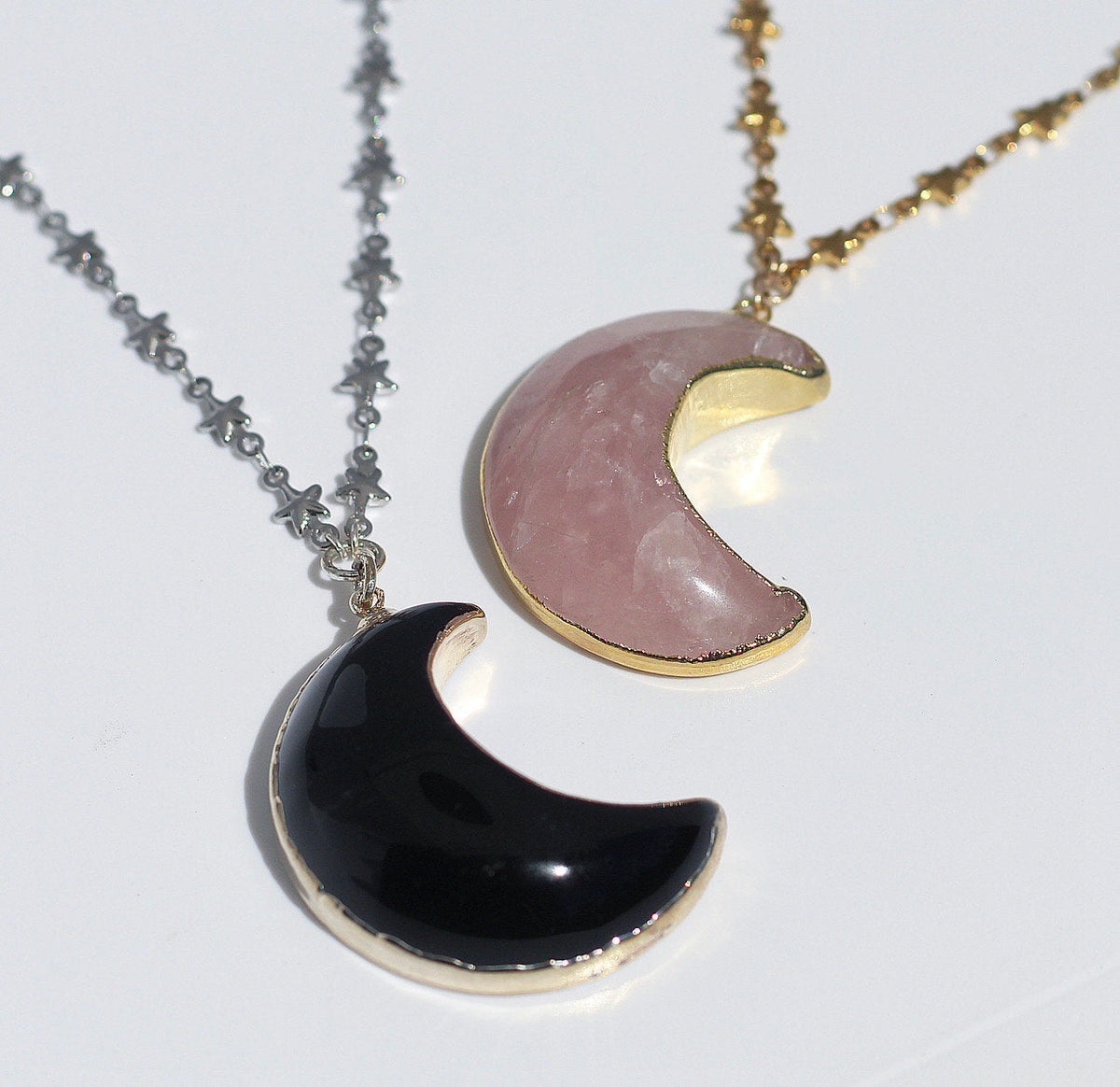 Black Onyx Big Moon Pendant on Star Link Chain in Gold or Silver