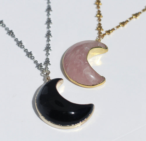 Black Onyx Big Moon Pendant on Star Link Chain in Gold or Silver