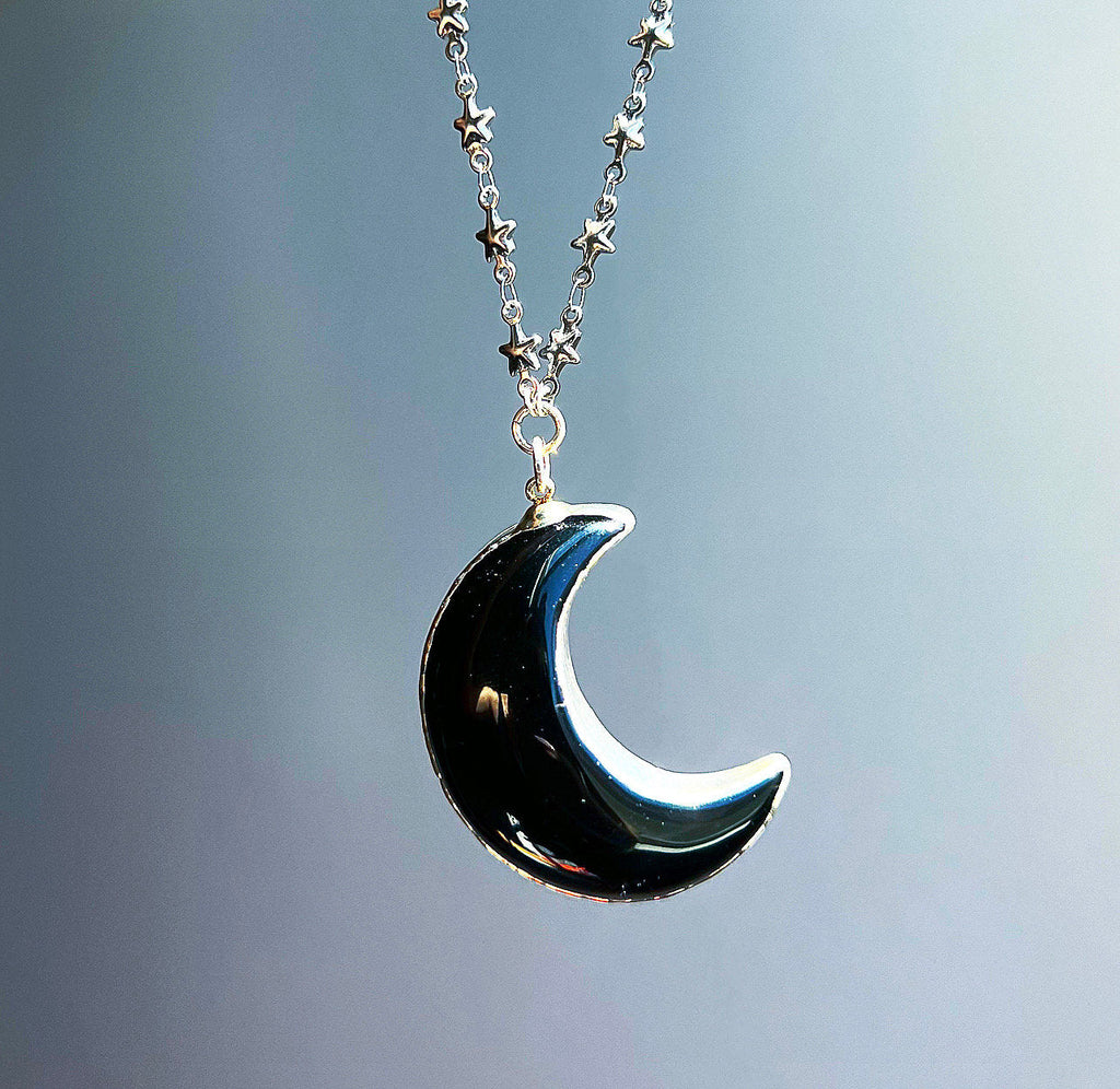 Black Onyx Big Moon Pendant on Star Link Chain in Gold or Silver