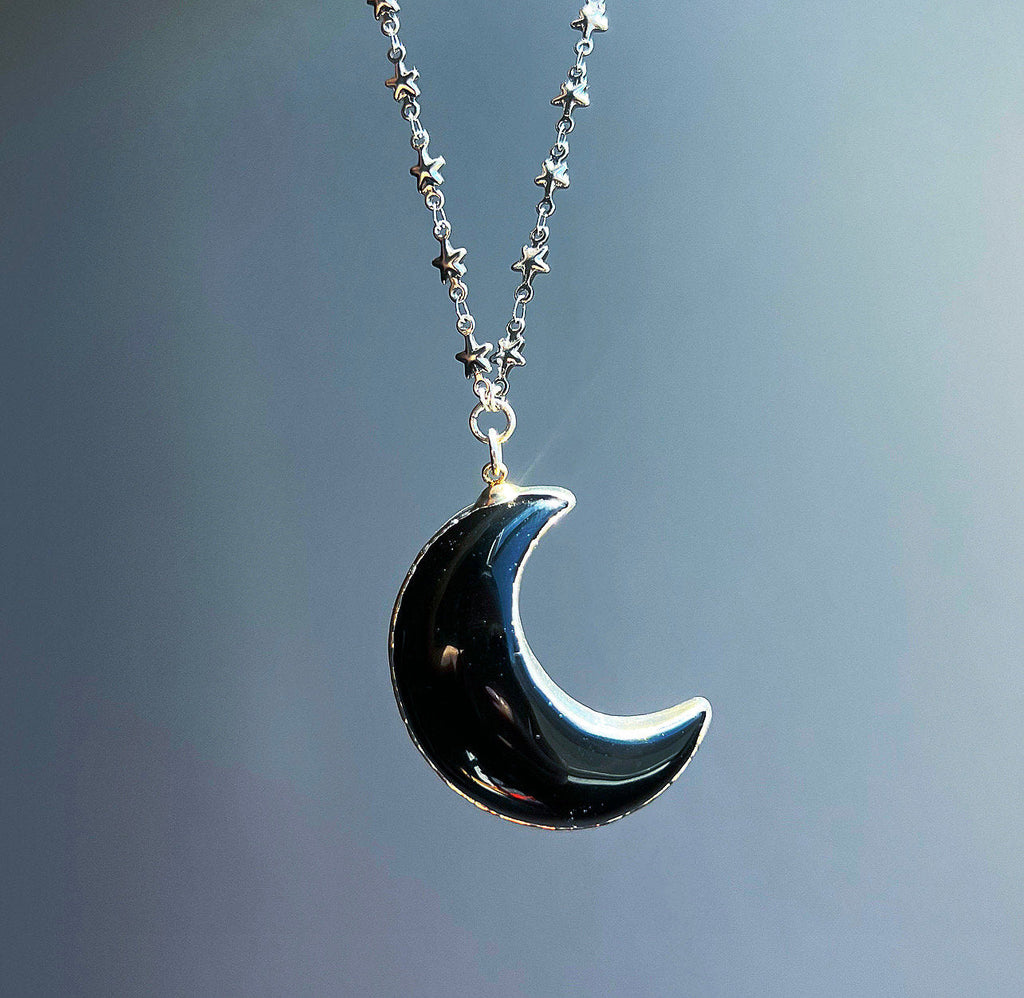 Black Onyx Big Moon Pendant on Star Link Chain in Gold or Silver