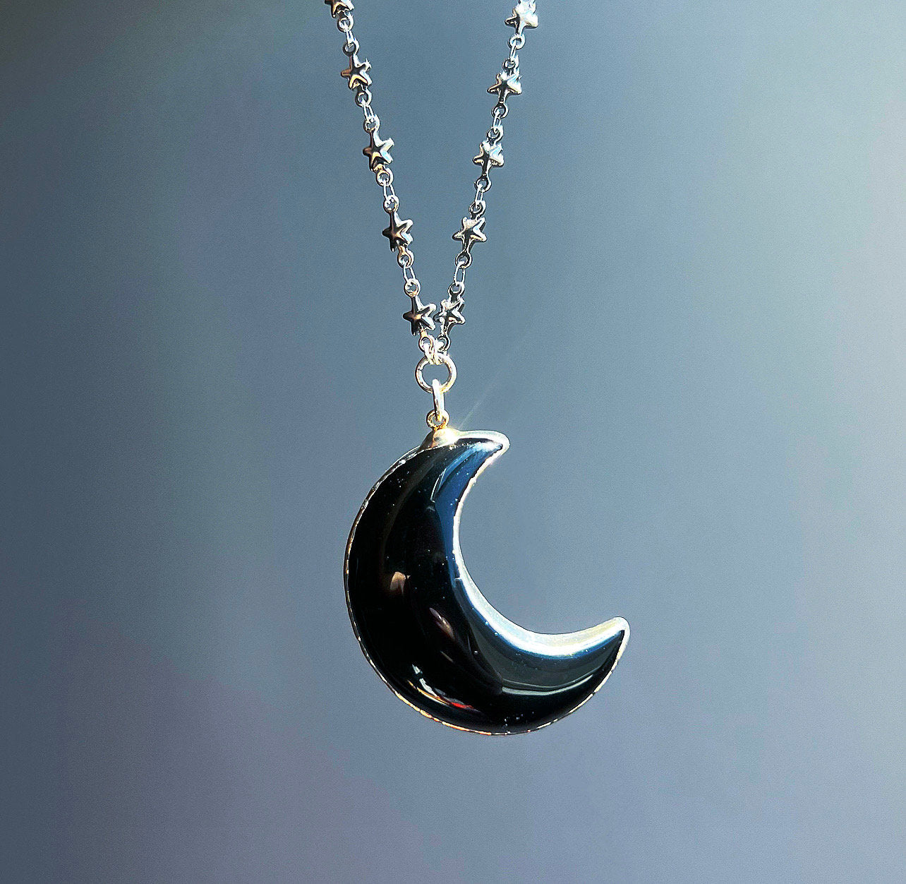 Black Onyx Big Moon Pendant on Star Link Chain in Gold or Silver