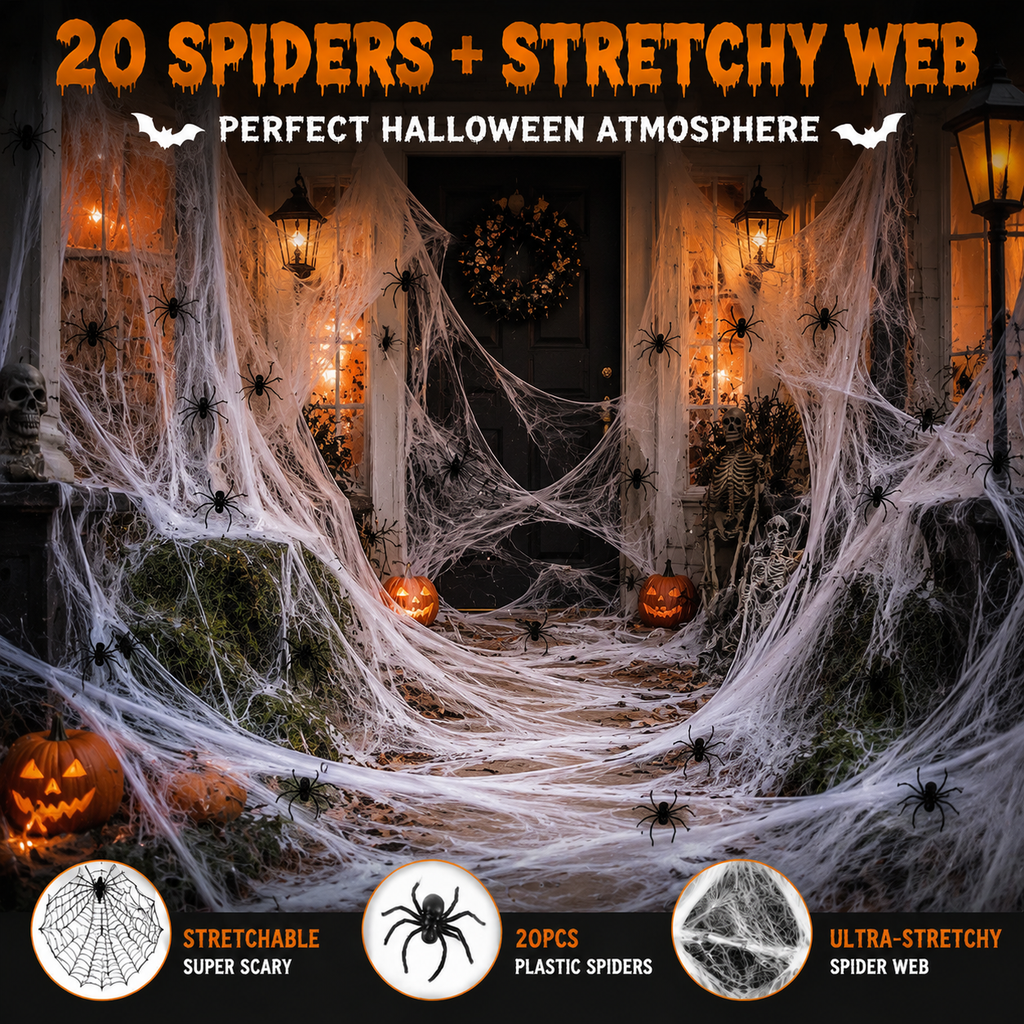 Spider Webs Halloween Decorations with 20PCS Spiders