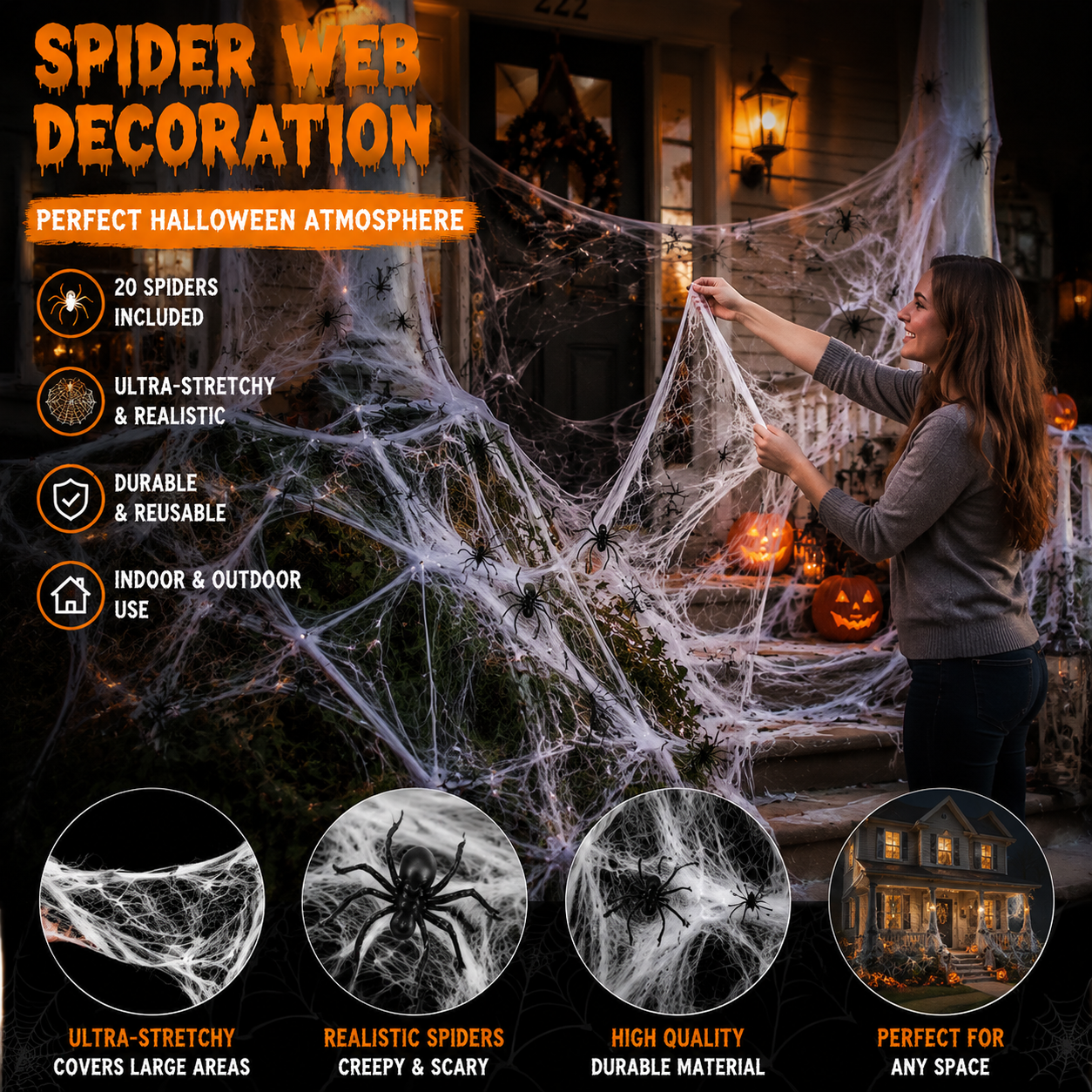 Spider Webs Halloween Decorations with 20PCS Spiders