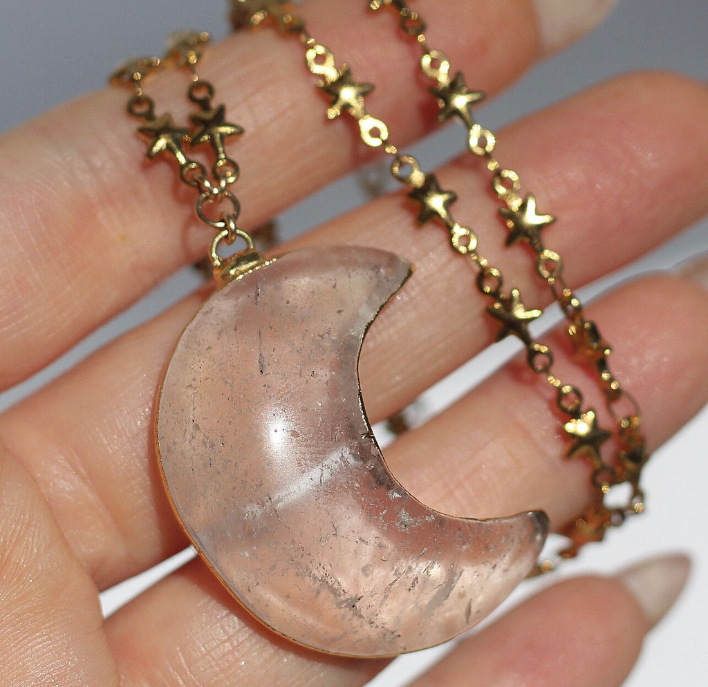 Crystal Quartz Big Moon Pendant on Star Link Chain in Gold or Silver