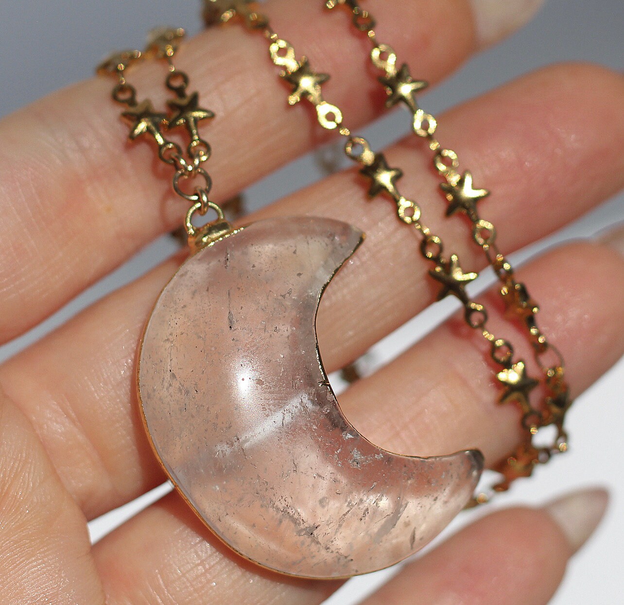 Crystal Quartz Big Moon Pendant on Star Link Chain in Gold or Silver