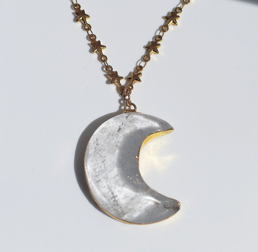 Crystal Quartz Big Moon Pendant on Star Link Chain in Gold or Silver