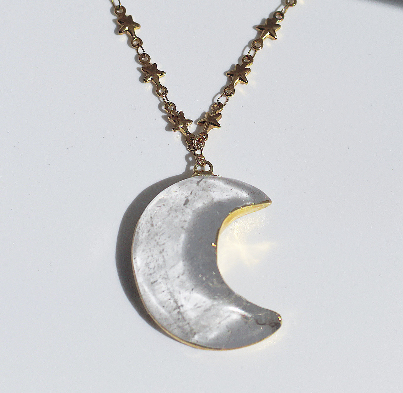 Crystal Quartz Big Moon Pendant on Star Link Chain in Gold or Silver