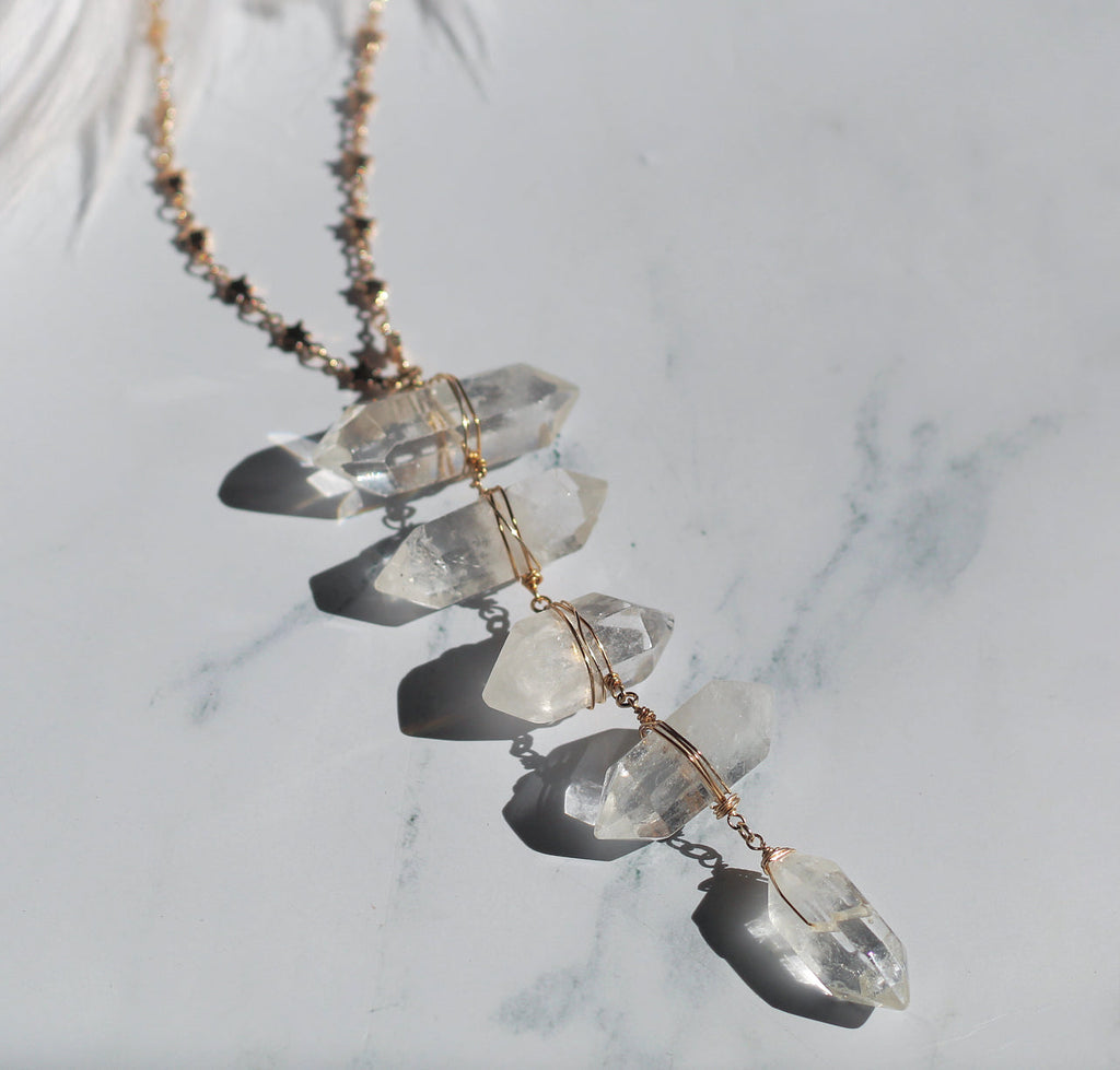 Crystal Quartz Ladder to the Stars Lariat Necklace on Star Chain in Gold or Silver