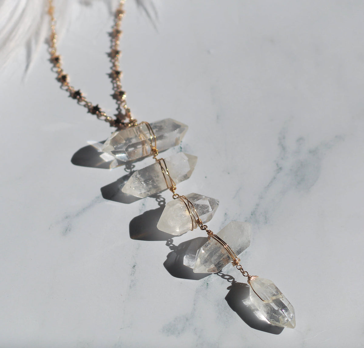 Crystal Quartz Ladder to the Stars Lariat Necklace on Star Chain in Gold or Silver