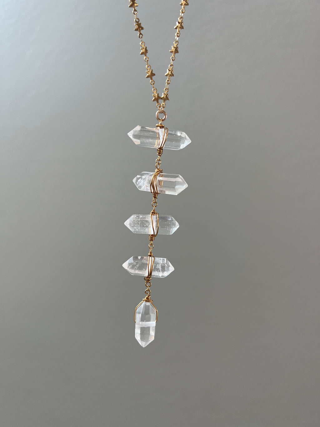Crystal Quartz Ladder to the Stars Lariat Necklace on Star Chain in Gold or Silver