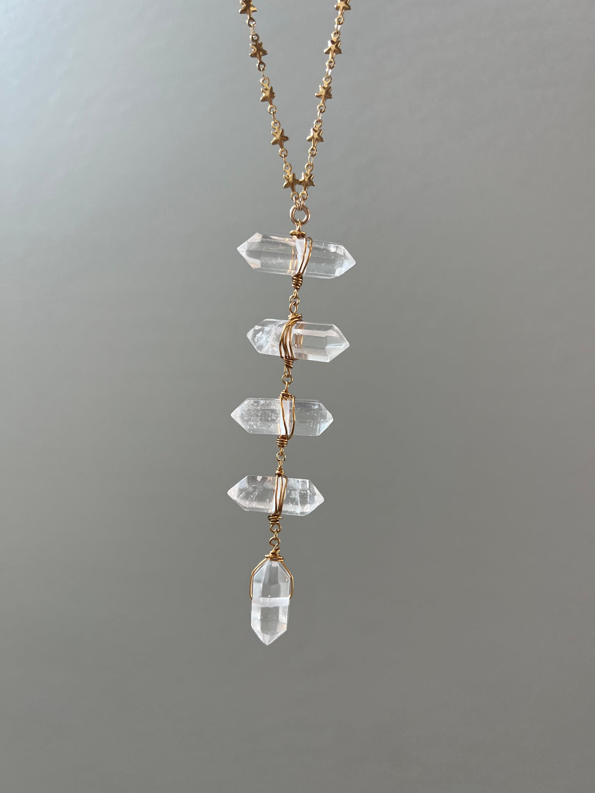 Crystal Quartz Ladder to the Stars Lariat Necklace on Star Chain in Gold or Silver