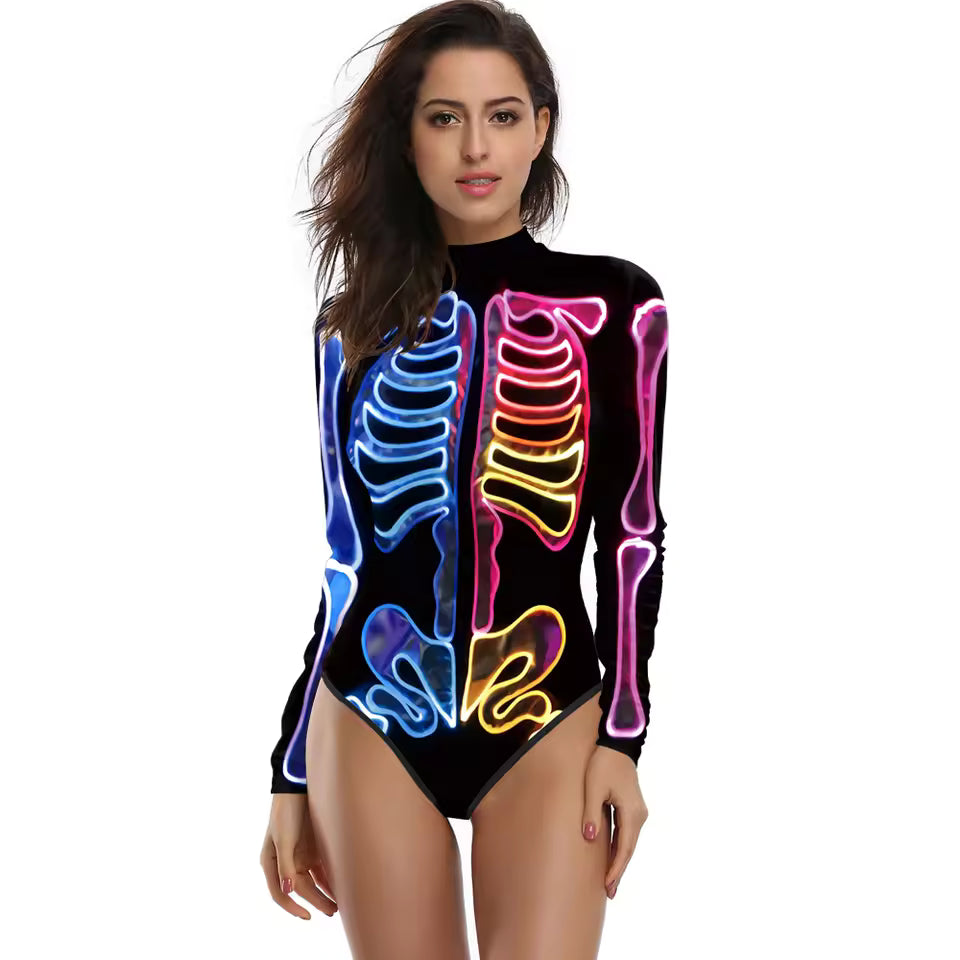 3D Skeleton One Piece Swimsuit – Halloween Bone Print Bathing Suit