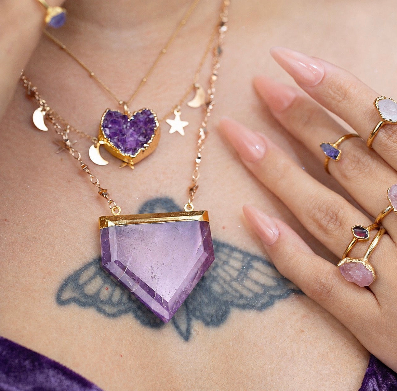 Stellar Guardian Crystal Amulet in Amethyst on Gold or Silver Chain