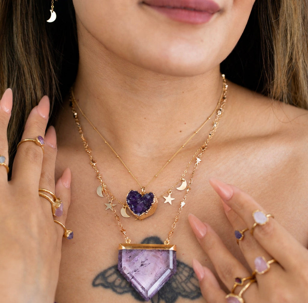 Stellar Guardian Crystal Amulet in Amethyst on Gold or Silver Chain