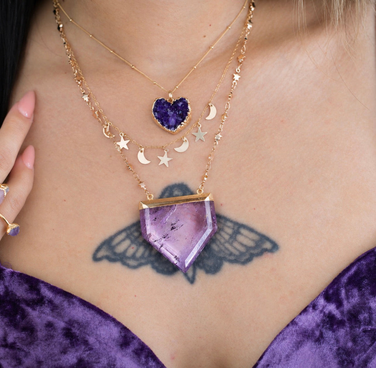 Stellar Guardian Crystal Amulet in Amethyst on Gold or Silver Chain
