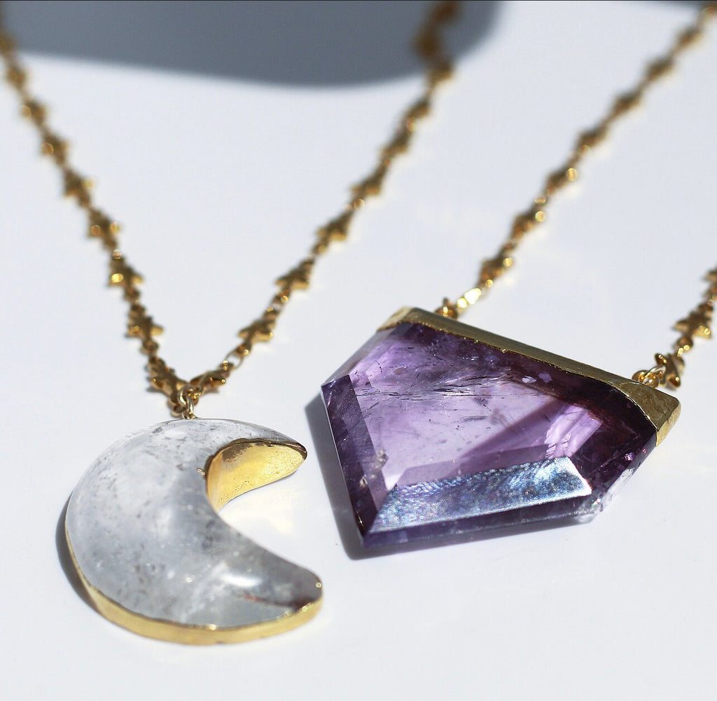 Crystal Quartz Big Moon Pendant on Star Link Chain in Gold or Silver