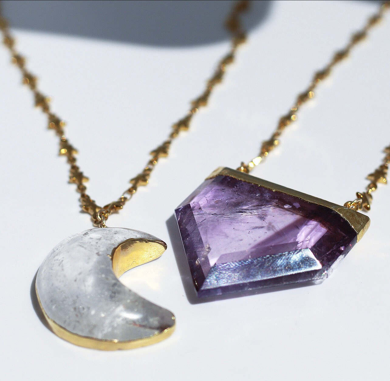 Crystal Quartz Big Moon Pendant on Star Link Chain in Gold or Silver