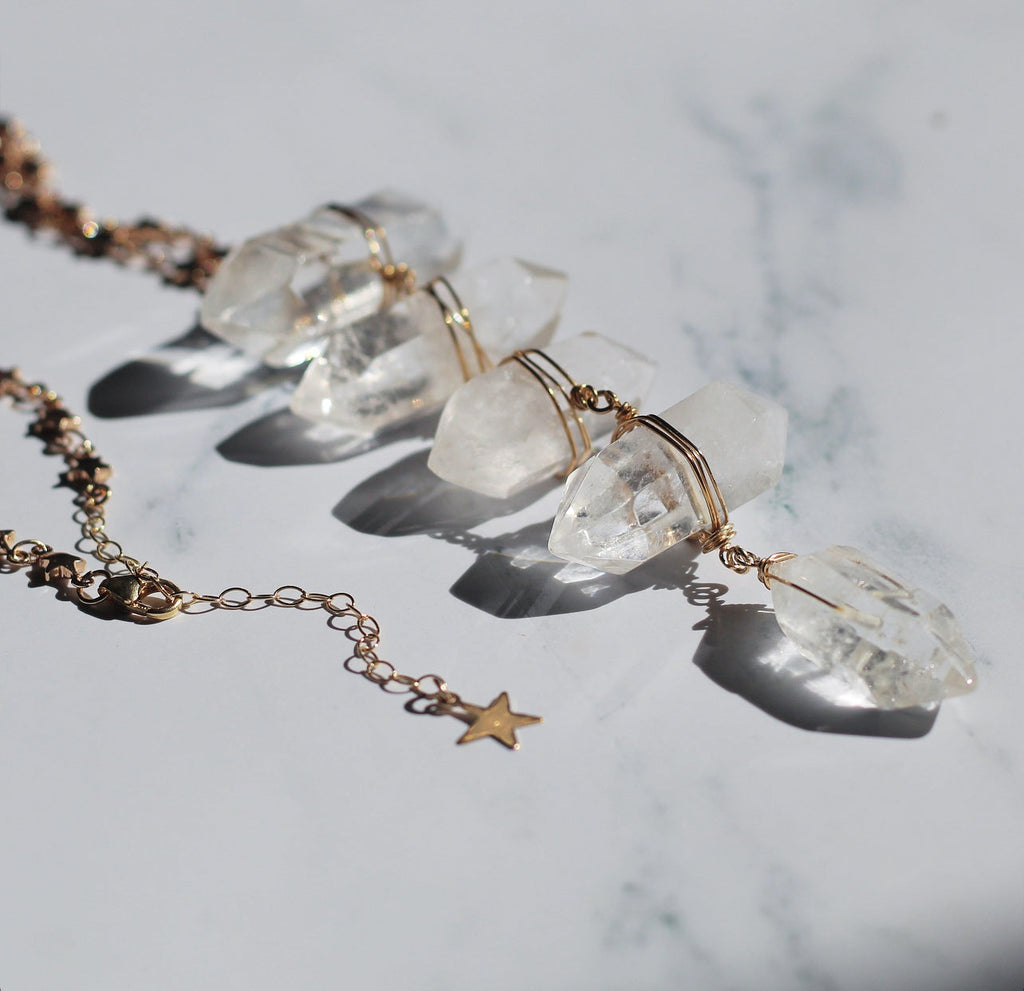 Crystal Quartz Ladder to the Stars Lariat Necklace on Star Chain in Gold or Silver