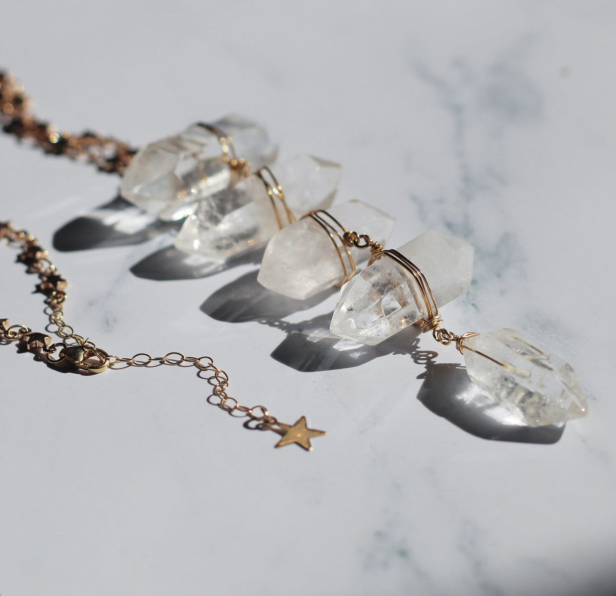 Crystal Quartz Ladder to the Stars Lariat Necklace on Star Chain in Gold or Silver
