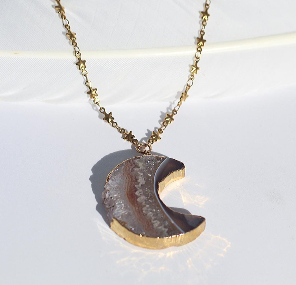 Amethyst Stalactite Moon Pendant on Star Link Chain in Gold or Silver
