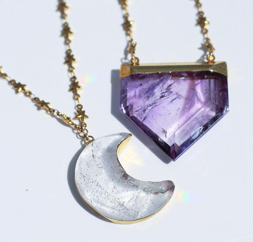 Crystal Quartz Big Moon Pendant on Star Link Chain in Gold or Silver