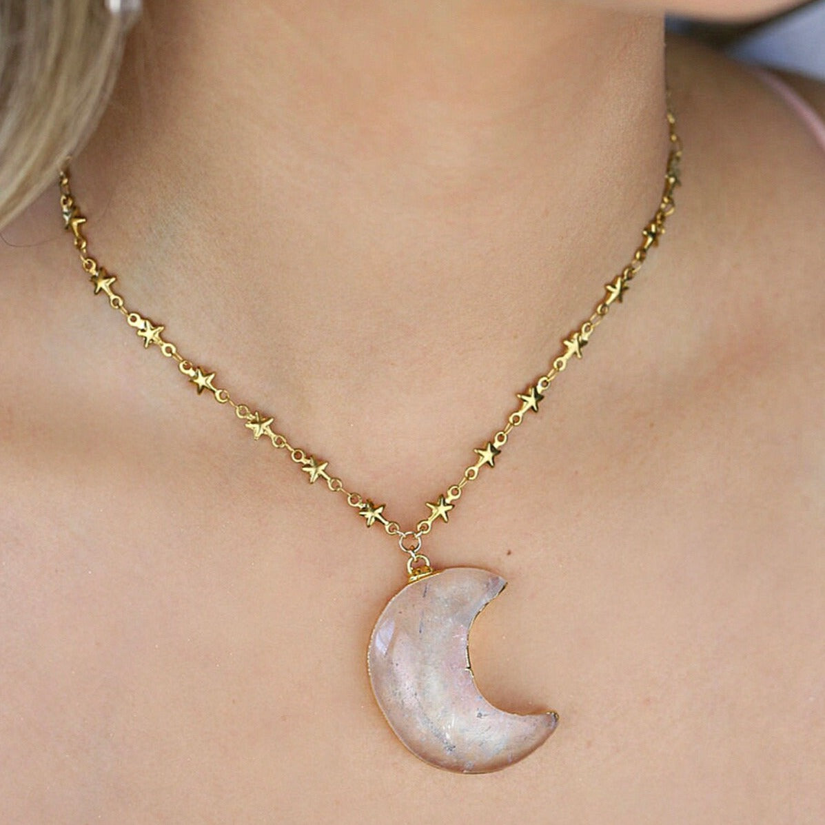 Crystal Quartz Big Moon Pendant on Star Link Chain in Gold or Silver
