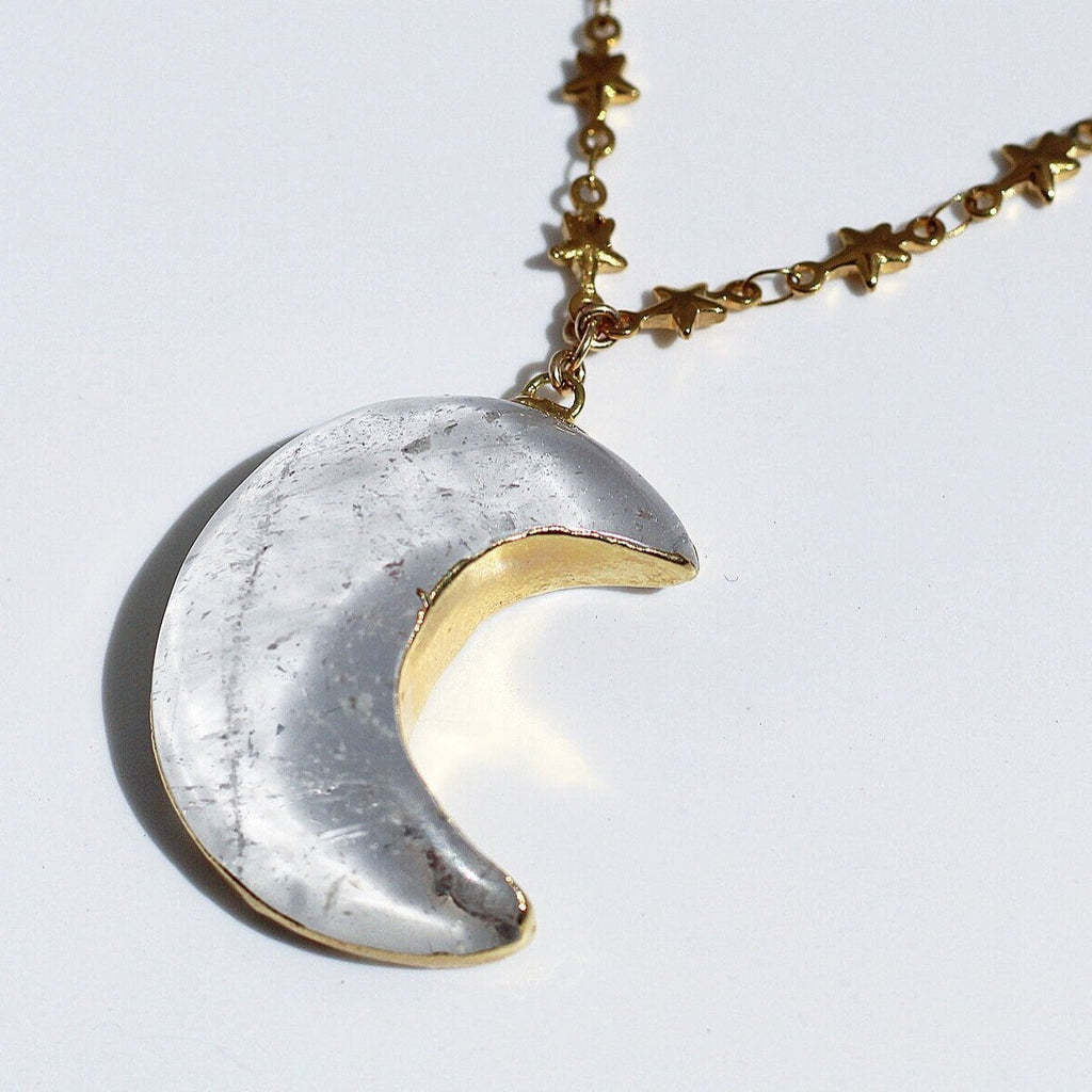 Crystal Quartz Big Moon Pendant on Star Link Chain in Gold or Silver