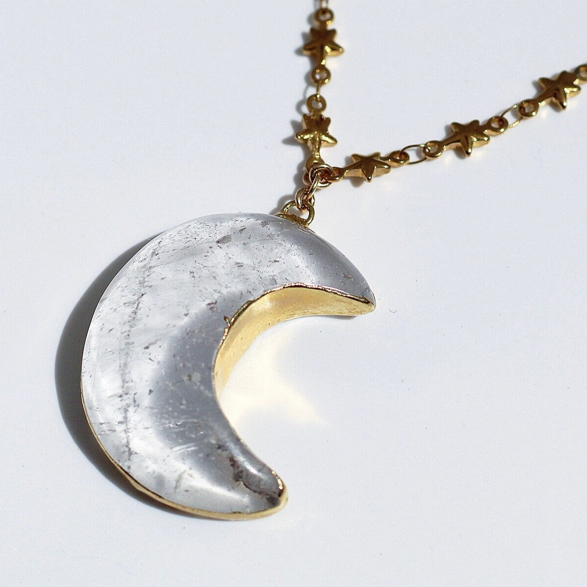 Crystal Quartz Big Moon Pendant on Star Link Chain in Gold or Silver