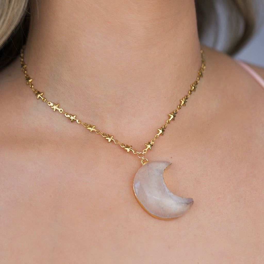 Crystal Quartz Big Moon Pendant on Star Link Chain in Gold or Silver