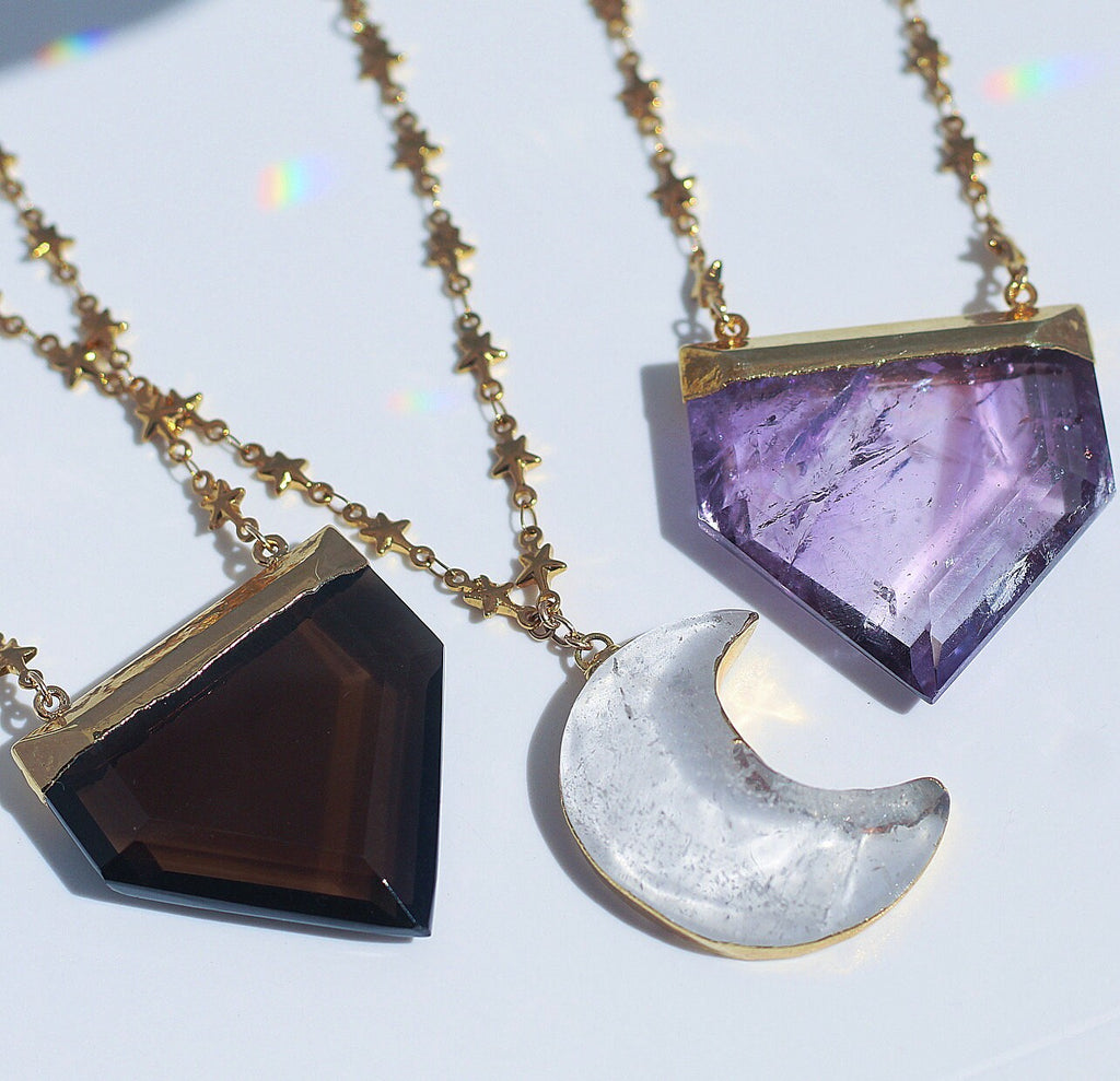 Crystal Quartz Big Moon Pendant on Star Link Chain in Gold or Silver