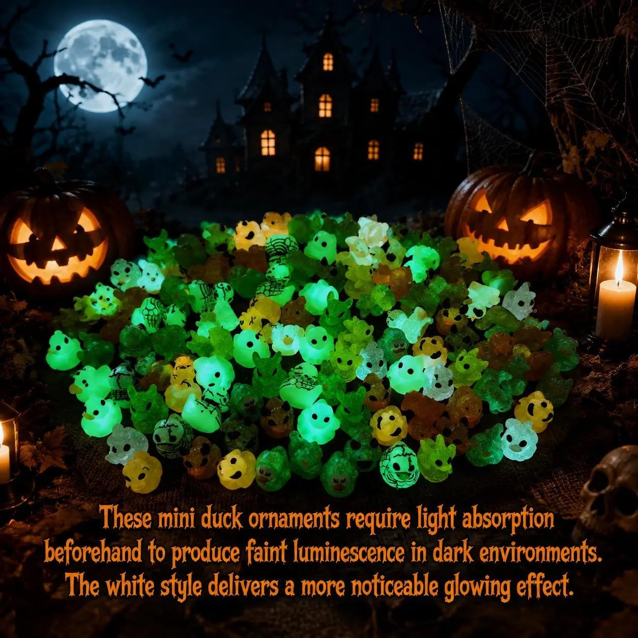 👻🎃ELMPORCH™ Glow-In-The-Dark Mini Halloween Duck（Devil, Ghost, and Skeleton Designs), Cute Resin Figurine, Spooky Duck Statue, Haunting Desk Decor, Miniature Garden Ornament for Halloween Party Favors