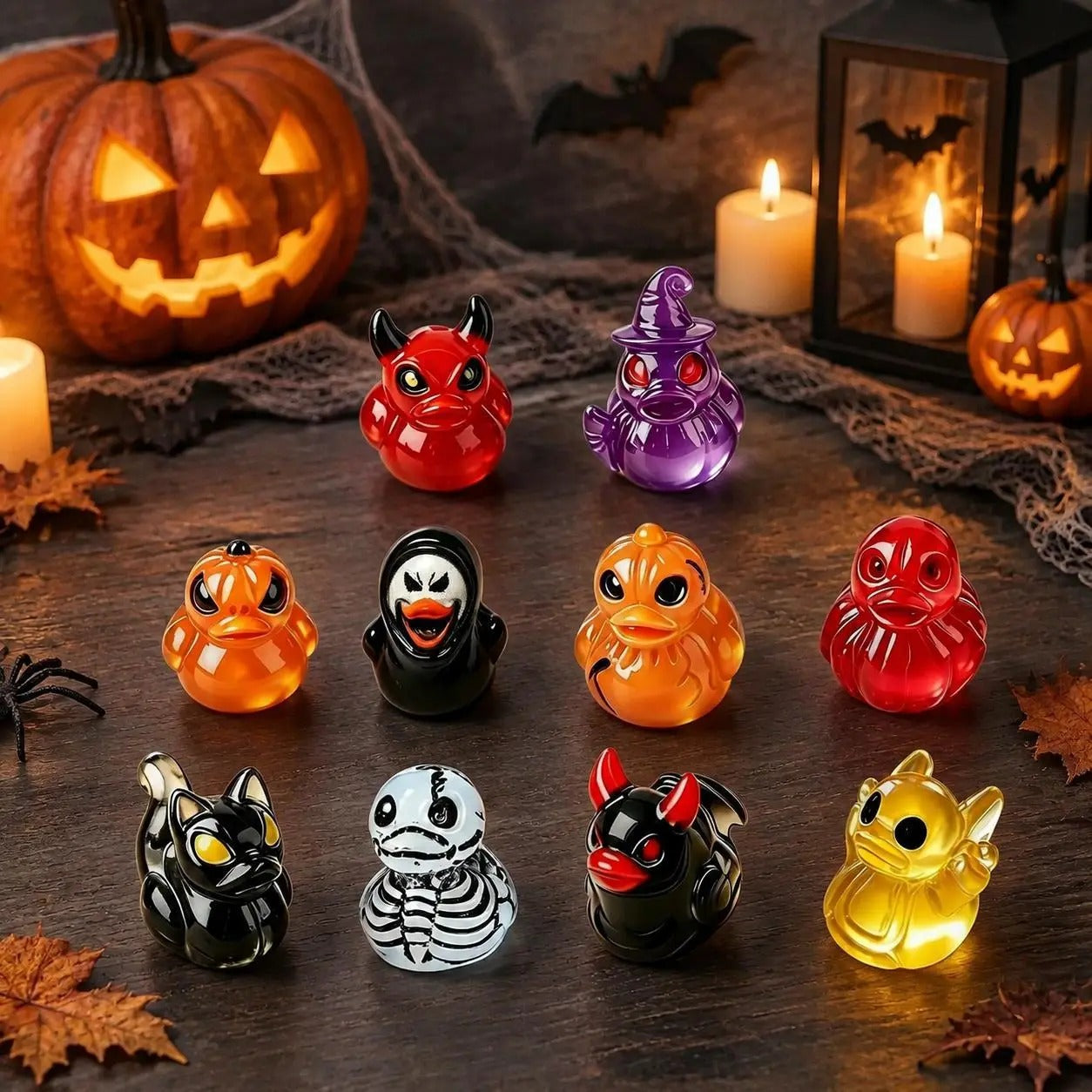 👻🎃ELMPORCH™ Glow-In-The-Dark Mini Halloween Duck（Devil, Ghost, and Skeleton Designs), Cute Resin Figurine, Spooky Duck Statue, Haunting Desk Decor, Miniature Garden Ornament for Halloween Party Favors
