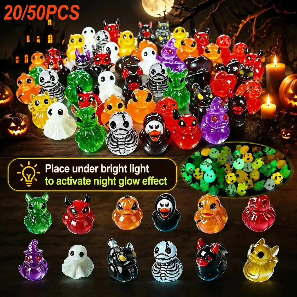👻🎃ELMPORCH™ Glow-In-The-Dark Mini Halloween Duck（Devil, Ghost, and Skeleton Designs), Cute Resin Figurine, Spooky Duck Statue, Haunting Desk Decor, Miniature Garden Ornament for Halloween Party Favors