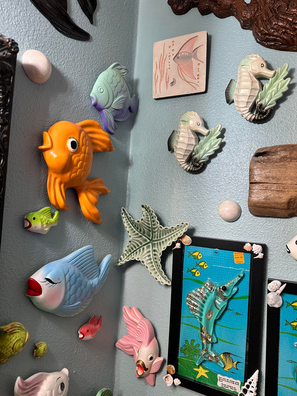 A wall full of aquatic characters
