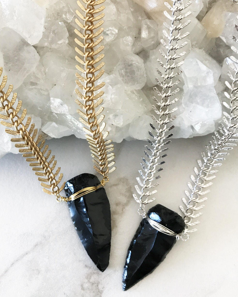 Obsidian Arrowhead Snake Chain Statement Necklace
