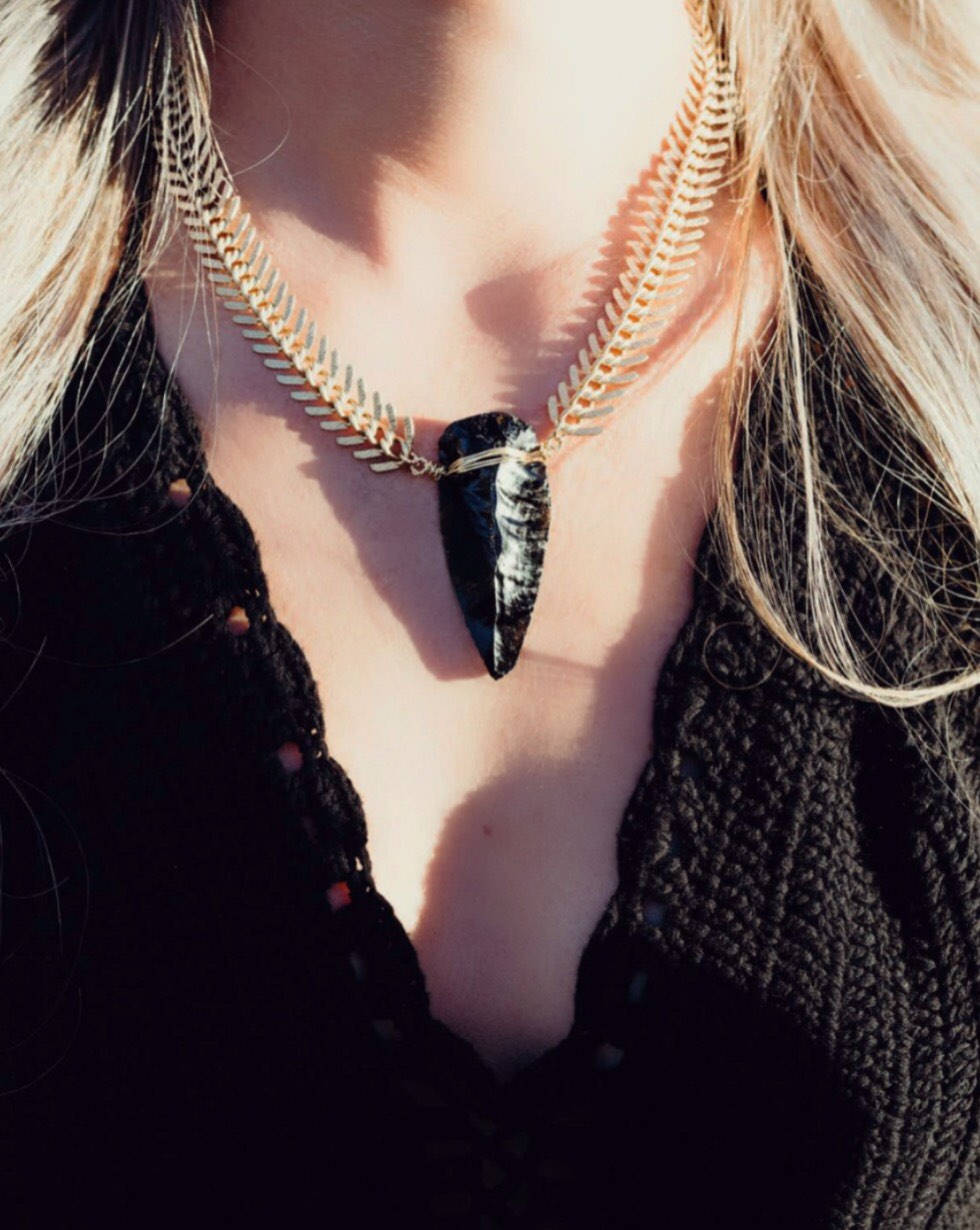 Obsidian Arrowhead Snake Chain Statement Necklace