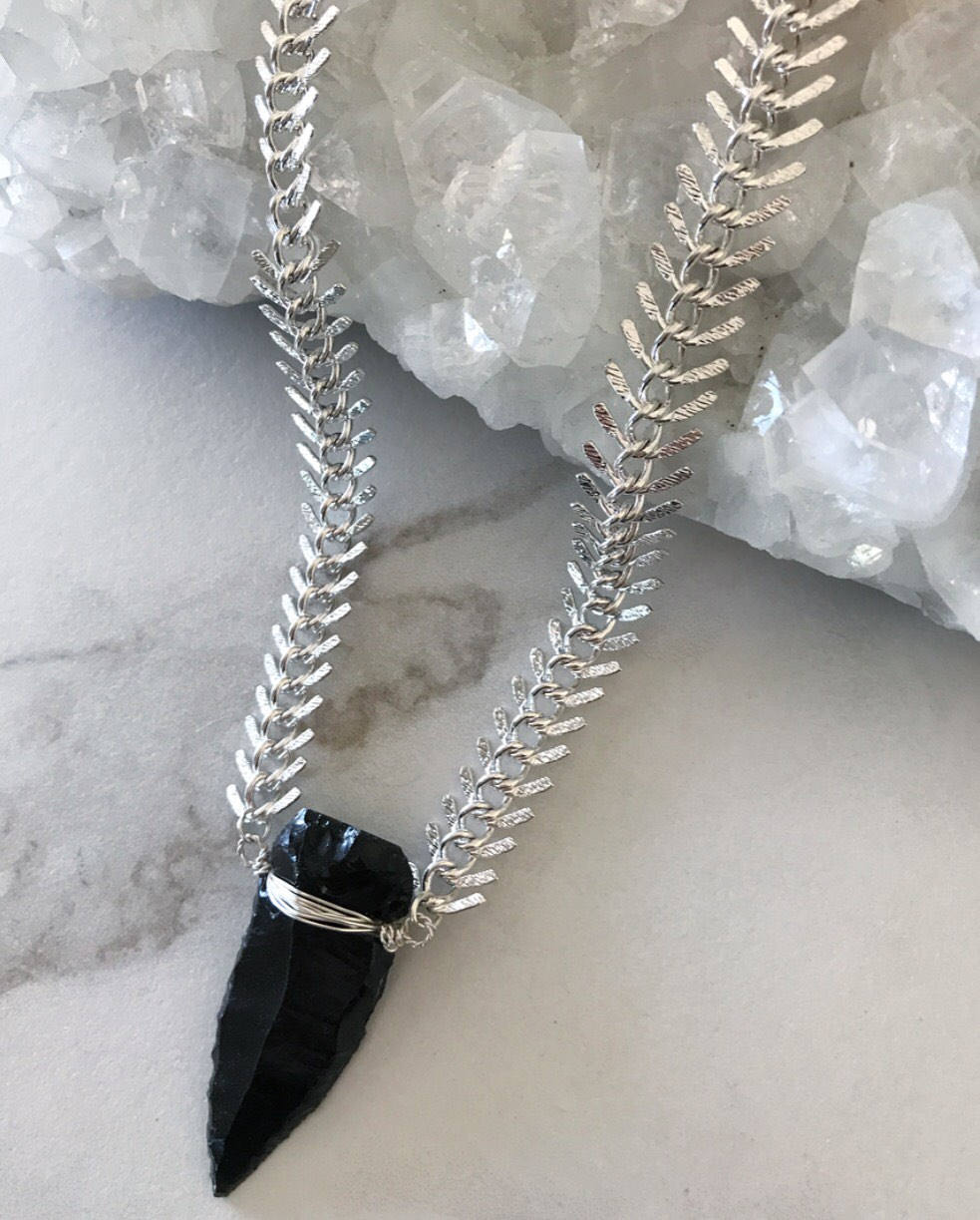 Obsidian Arrowhead Snake Chain Statement Necklace